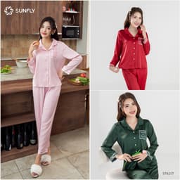 Thumbnail Bộ pijamas nữ lụa satin áo dài quần dài ST9217 2