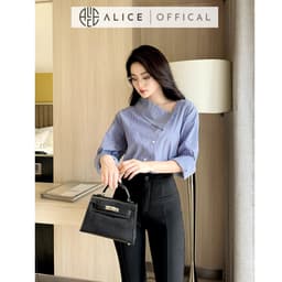 Thumbnail Set Áo Sơ Mi Kẻ Lệch Vai Dài Tay Và Quần Ống Loe Chất Umi Alice Áo Xanh Chất Thô Thanh Lịch Công Sở S717 4