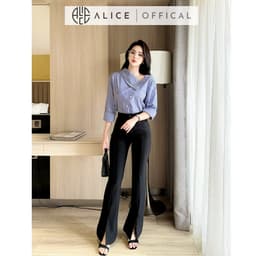 Thumbnail Set Áo Sơ Mi Kẻ Lệch Vai Dài Tay Và Quần Ống Loe Chất Umi Alice Áo Xanh Chất Thô Thanh Lịch Công Sở S717 3