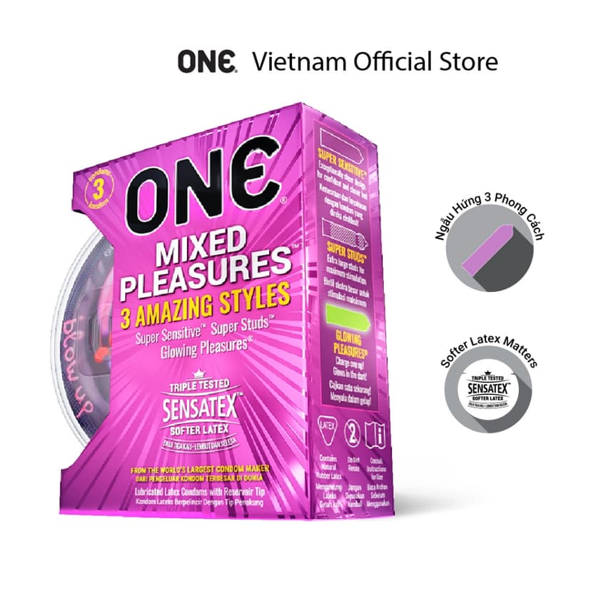 Ảnh Bao Cao Su ONE của Mỹ One Mixed Pleasuares Mix Nhiều Loại Có Bao Phát Sáng, size 53mm 1