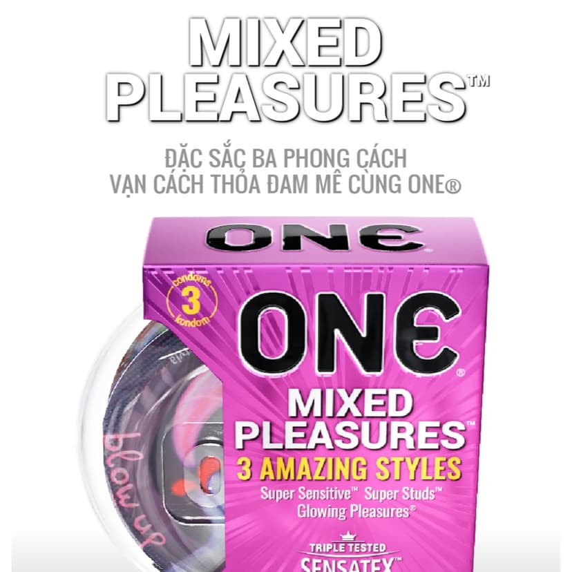 Ảnh Bao Cao Su ONE của Mỹ One Mixed Pleasuares Mix Nhiều Loại Có Bao Phát Sáng, size 53mm 4