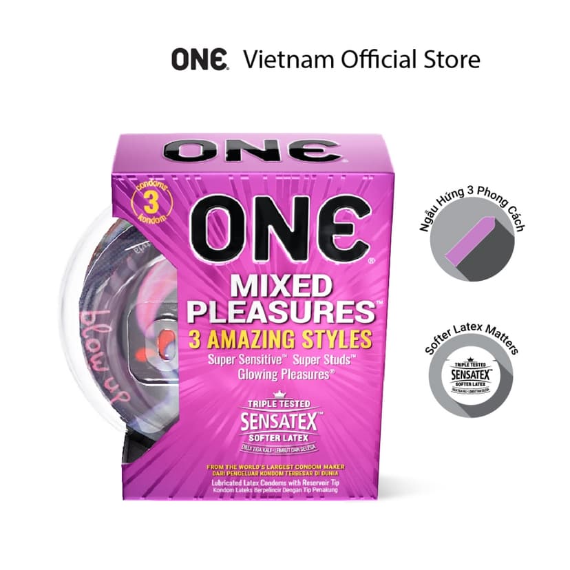 Ảnh Bao Cao Su ONE của Mỹ One Mixed Pleasuares Mix Nhiều Loại Có Bao Phát Sáng, size 53mm 3