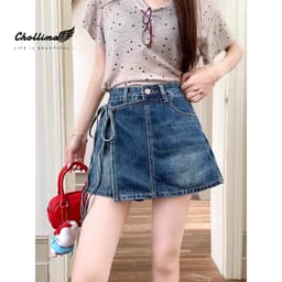 Thumbnail Quần shorts jeans nữ giả váy Chollima VAY502 thắt nơ - quần váy ngắn form chữ A phong cách hàn 1