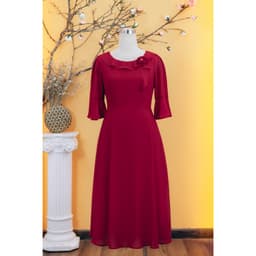 Thumbnail Đầm xòe - Cổ tròn bèo kết hoa tay chuông - Màu Đỏ đô - TTV Store thời trang nữ TTV1735 1