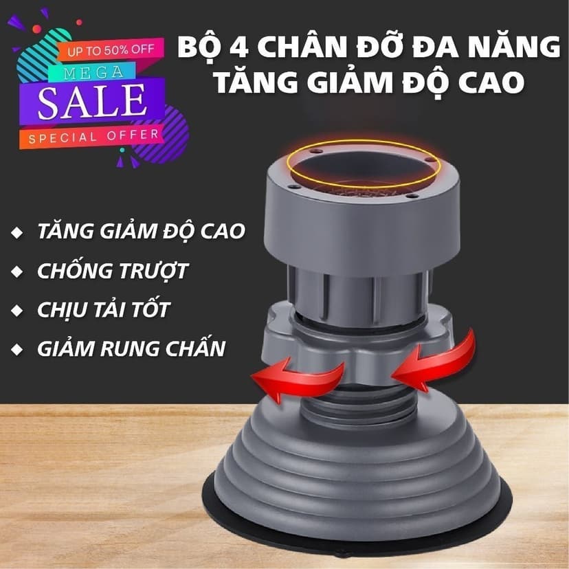 Ảnh Bộ 4 Chân Chống Rung Cho Máy Giặt, Tủ Lạnh - Chân Kê Tăng Giảm Chiều Cao, Đế Cao Su Chống Rung, Chống Trượt 3