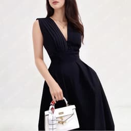 Thumbnail Đầm dự tiệc MINA dáng xoè midi cổ chữ V xếp ly ngực sát nách màu đen sang trọng quyến rũ xinh đẹp MN182 1