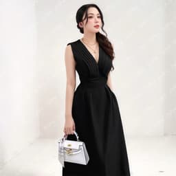 Thumbnail Đầm dự tiệc MINA dáng xoè midi cổ chữ V xếp ly ngực sát nách màu đen sang trọng quyến rũ xinh đẹp MN182 3