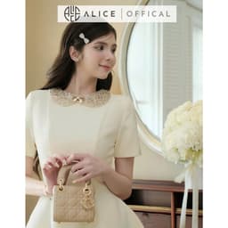 Thumbnail Váy Đầm Tiểu Thư Tay Ngắn Dáng Xòe Alice Cổ Xích Đính Đá Chất Liệu Chéo Rubi Có Chiết Eo V1260 Đính Nơ Chân Váy 3