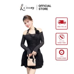 Thumbnail Váy Đẹp Dáng Ngắn Phối Ren Xếp Tầng LECOONG V676 Đầm Tiểu Thư Trễ Vai Màu Be Đen 1