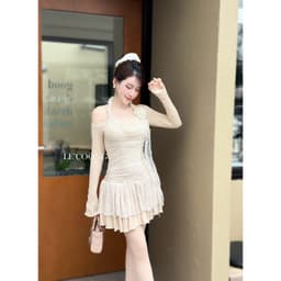 Thumbnail Váy Đẹp Dáng Ngắn Phối Ren Xếp Tầng LECOONG V676 Đầm Tiểu Thư Trễ Vai Màu Be Đen 3