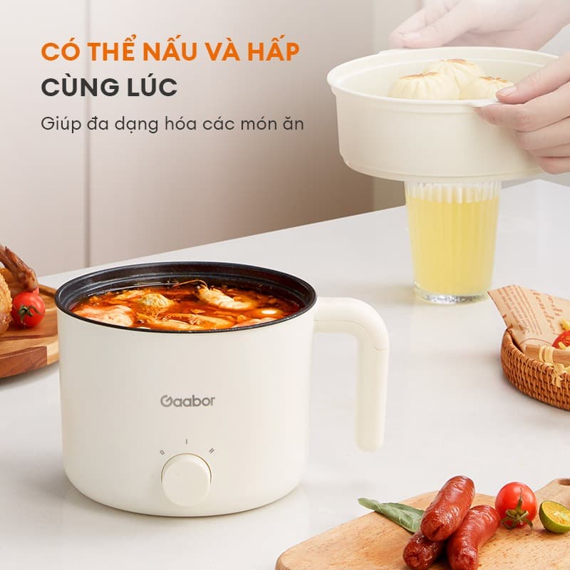 Ảnh Gaabor GR-N15A Nồi lẩu điện mini đa năng 1.5L công suất 600W dùng nấu mì,xào, hầm siêu tiện lợi tặng kèm lồng hấp 4