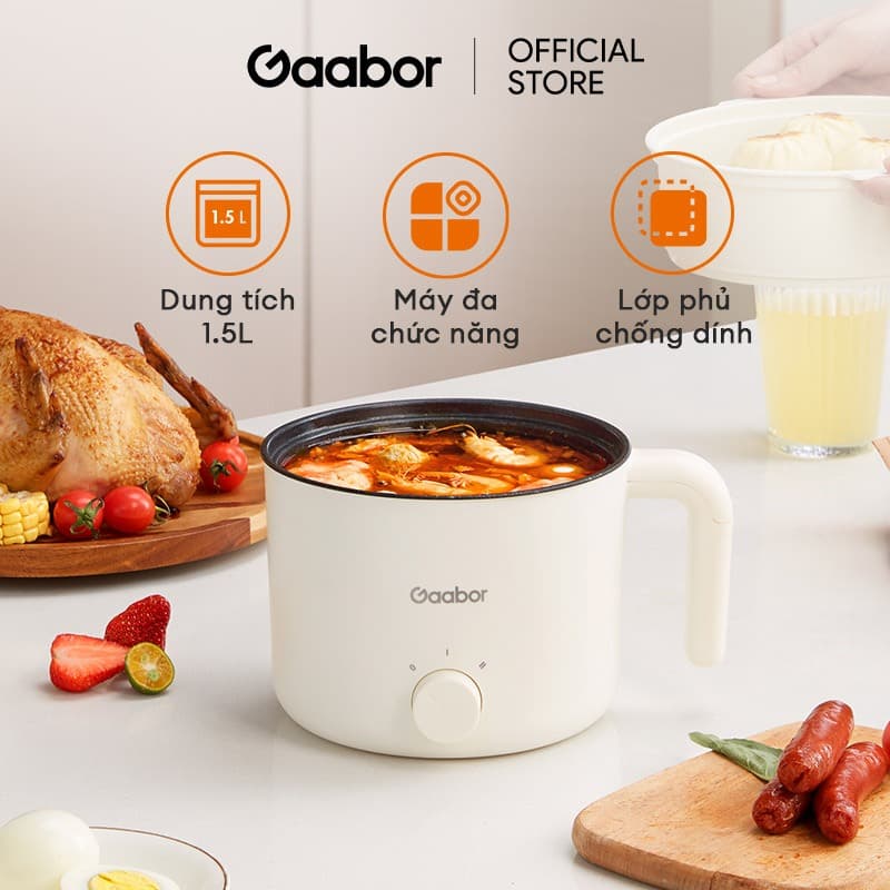Ảnh Gaabor GR-N15A Nồi lẩu điện mini đa năng 1.5L công suất 600W dùng nấu mì,xào, hầm siêu tiện lợi tặng kèm lồng hấp 1