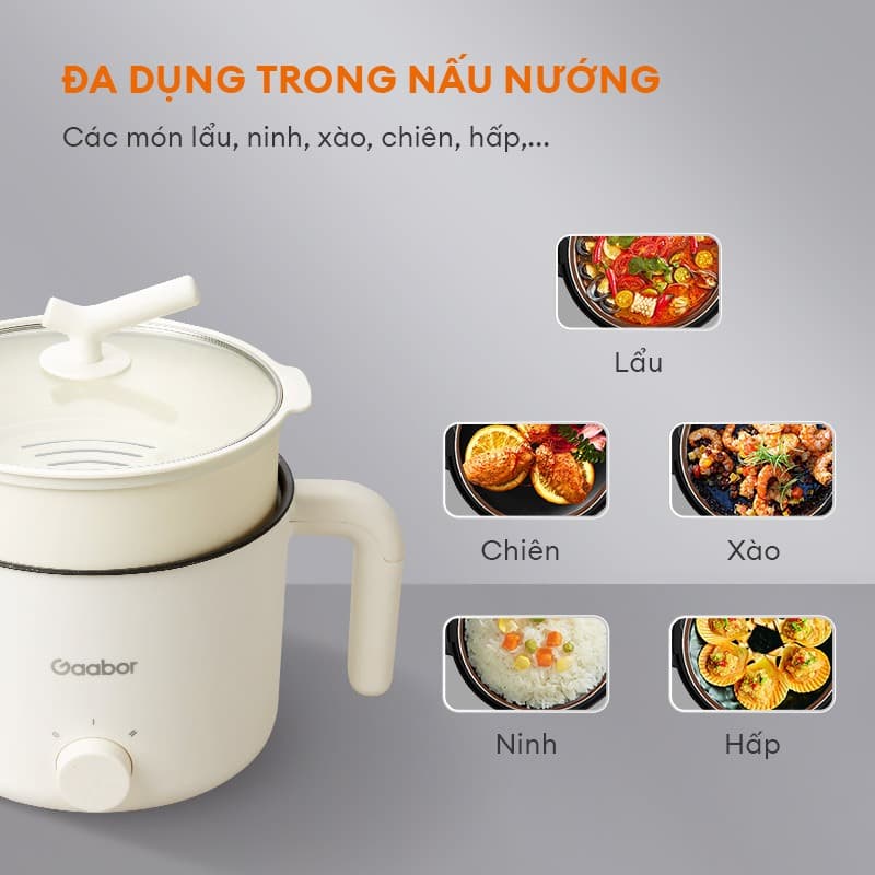 Ảnh Gaabor GR-N15A Nồi lẩu điện mini đa năng 1.5L công suất 600W dùng nấu mì,xào, hầm siêu tiện lợi tặng kèm lồng hấp 2