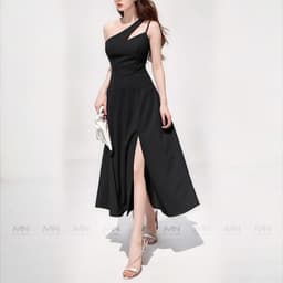 Thumbnail Đầm dự tiệc MINA xẻ đùi midi xoè màu đen thiết kế chéo vai chất liệu Cotton lạnh mịn quyến rũ MN188 1