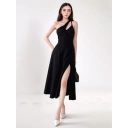 Thumbnail Đầm dự tiệc MINA xẻ đùi midi xoè màu đen thiết kế chéo vai chất liệu Cotton lạnh mịn quyến rũ MN188 3