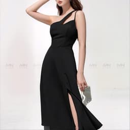 Thumbnail Đầm dự tiệc MINA xẻ đùi midi xoè màu đen thiết kế chéo vai chất liệu Cotton lạnh mịn quyến rũ MN188 2