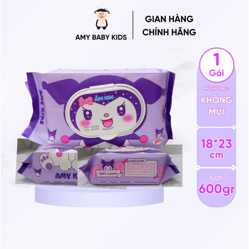 Ảnh 1 Gói Khăn Giấy Ướt 600Gr Amy Kids Không Mùi An Toàn Cho Bé Gói Hồng & Tím 3