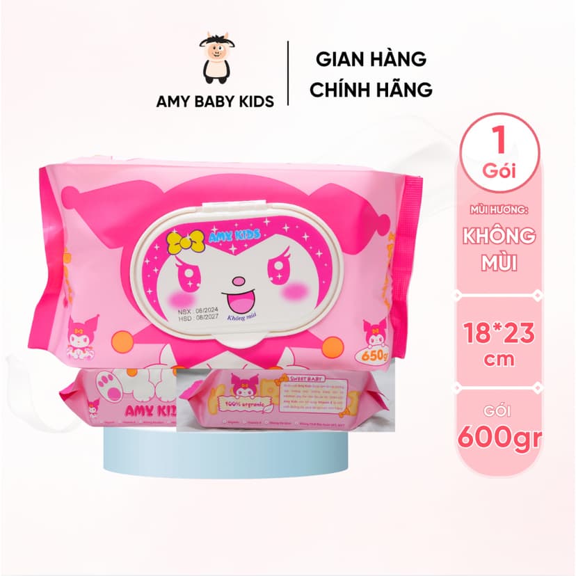 Ảnh 1 Gói Khăn Giấy Ướt 600Gr Amy Kids Không Mùi An Toàn Cho Bé Gói Hồng & Tím 2