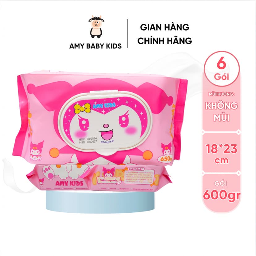 Ảnh 6 Gói Gói Khăn Giấy Ướt 600Gr Amy Kids Không Mùi An Toàn Cho Bé Gói Hồng & Tím 2