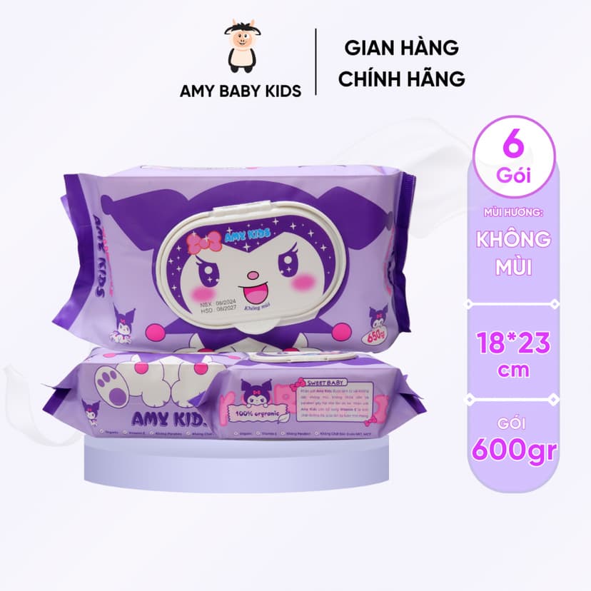 Ảnh 6 Gói Gói Khăn Giấy Ướt 600Gr Amy Kids Không Mùi An Toàn Cho Bé Gói Hồng & Tím 3