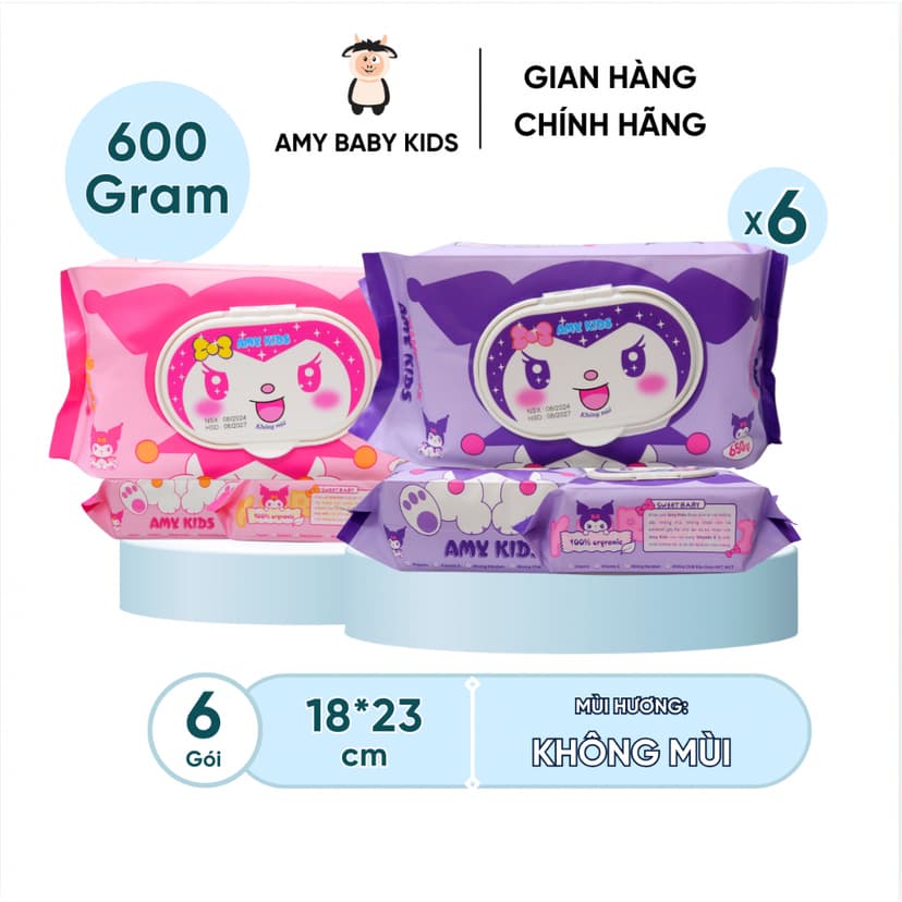 Ảnh 6 Gói Gói Khăn Giấy Ướt 600Gr Amy Kids Không Mùi An Toàn Cho Bé Gói Hồng & Tím 1