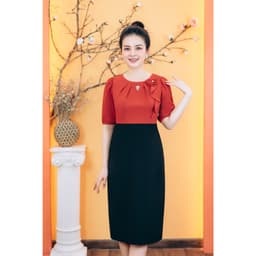 Thumbnail Đầm body - Cổ tròn khoét V kết hoa tay ngắn - Màu Đen cam - TTV Store thời trang nữ TTV1760 1