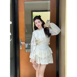 Thumbnail Váy Tiểu Thư Dáng Ngắn Tay Dài  LECOONG V679 Đầm Đẹp Sang Chảnh Màu Đen Be 3