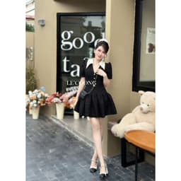 Thumbnail Váy Tiểu Thư Dáng Ngắn Cổ V LECOONG V682  Đầm Đẹp Xòe Bồng Màu Đỏ Đen Xanh 4
