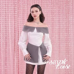Thumbnail Đầm trễ vai tay dài màu trắng phối xám sọc vạt chéo NEVER UNCOOL thanh lịch, tinh tế - Simple Twist 1