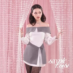 Thumbnail Đầm trễ vai tay dài màu trắng phối xám sọc vạt chéo NEVER UNCOOL thanh lịch, tinh tế - Simple Twist 2