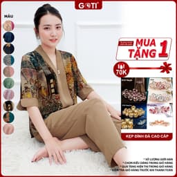 Thumbnail Đồ Bộ Trung Niên GOTI Mặc Nhà Nữ Sang Trọng Chất Gấm Cao Cấp Cổ Chui Tay Lững Có Túi Pijama Lụa Cho Mẹ 3359 3360 1