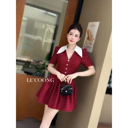 Thumbnail Váy Tiểu Thư Dáng Ngắn Cổ V LECOONG V682  Đầm Đẹp Xòe Bồng Màu Đỏ Đen Xanh 3