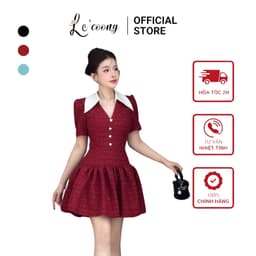Thumbnail Váy Tiểu Thư Dáng Ngắn Cổ V LECOONG V682  Đầm Đẹp Xòe Bồng Màu Đỏ Đen Xanh 1