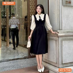 Thumbnail Đầm thiết kế BEMINE cổ sơ mi tai thỏ dáng chữ A tay dài phù hợp đi làm, đi chơi-MT9708 1