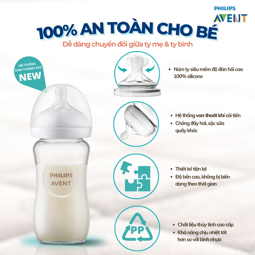 Ảnh Bình Sữa Philips Avent Natural Thủy Tinh Mô Phỏng Tự Nhiên Cao Cấp Cho Bé, Chống Đầy Hơi Sặc Sữa 3