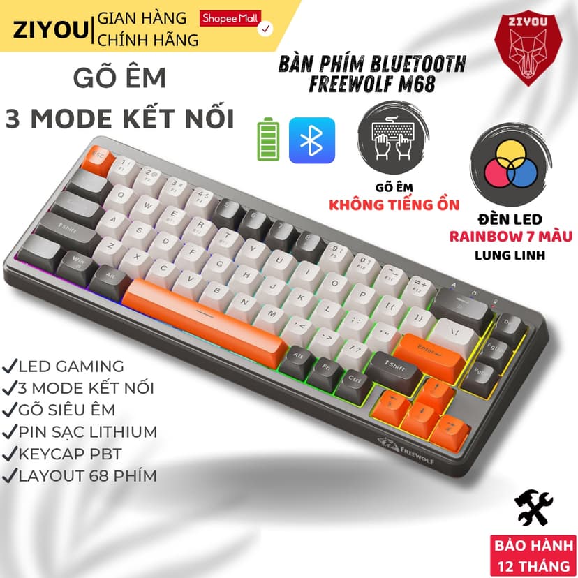 Ảnh Bàn Phím Không Dây Ziyou FreeWolf M68 Bluetooth 5.3 Kết Nối Đa Năng Led Pro Pin Sạc 1