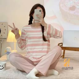 Thumbnail Bộ Bầu Mặc Nhà Cotton Kẻ xanh hồng Đồ Bầu Sau Sinh Mở 2 Bên Cho Con Bú Và Quần Chun Chỉnh Bụng, Dài Tay 2mama 1
