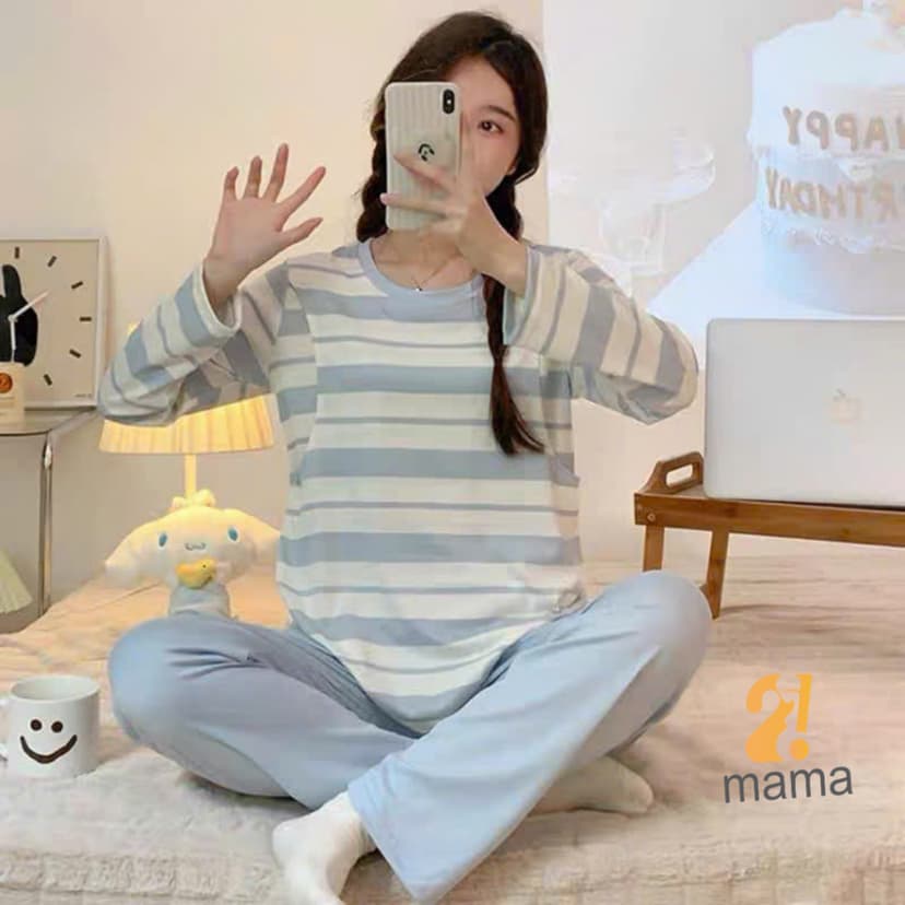 Ảnh Bộ Bầu Mặc Nhà Cotton Kẻ xanh hồng Đồ Bầu Sau Sinh Mở 2 Bên Cho Con Bú Và Quần Chun Chỉnh Bụng, Dài Tay 2mama 2