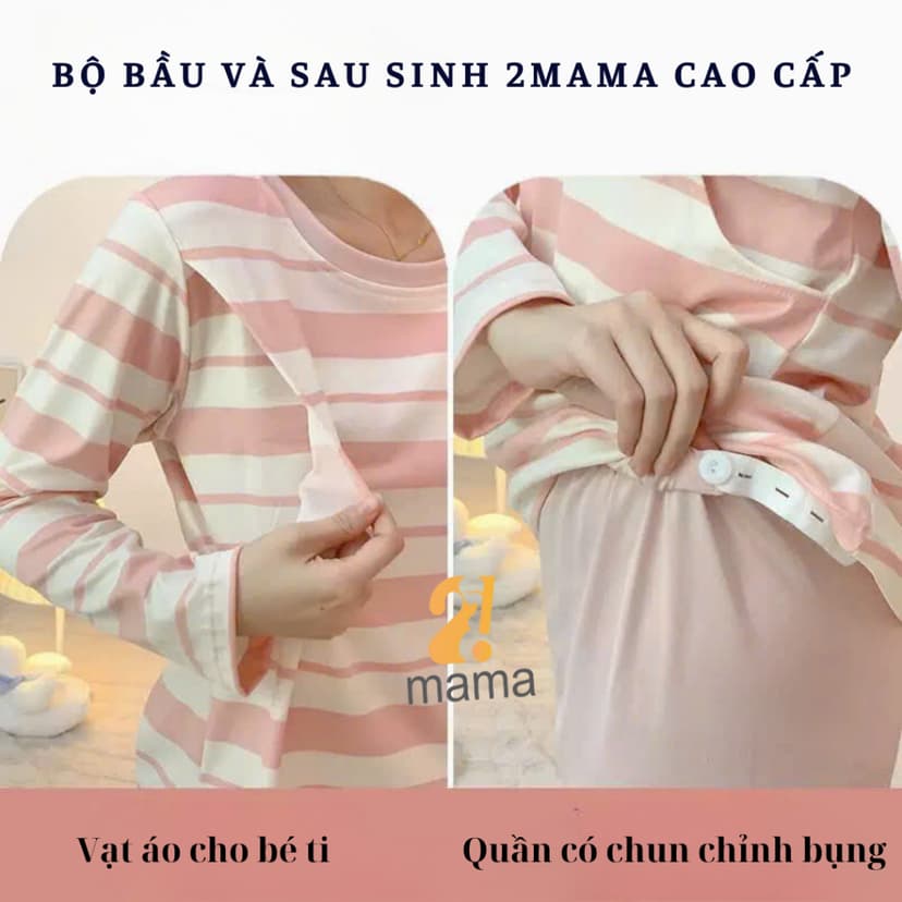 Ảnh Bộ Bầu Mặc Nhà Cotton Kẻ xanh hồng Đồ Bầu Sau Sinh Mở 2 Bên Cho Con Bú Và Quần Chun Chỉnh Bụng, Dài Tay 2mama 4