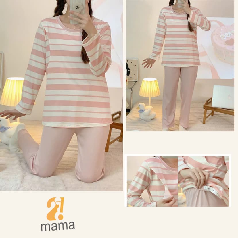 Ảnh Bộ Bầu Mặc Nhà Cotton Kẻ xanh hồng Đồ Bầu Sau Sinh Mở 2 Bên Cho Con Bú Và Quần Chun Chỉnh Bụng, Dài Tay 2mama 3