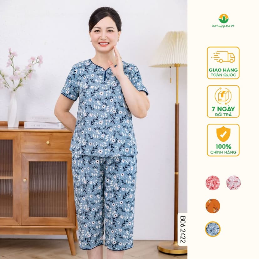 Ảnh Bộ lanh trung niên quần lửng áo cộc tay cổ lé màu thời trang Việt Thắng - B06.2422 3