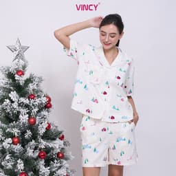 Thumbnail Bộ pijama short chất kate có phối ren, họa tiết màu sắc cho Noel BSK010W41 3