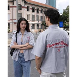 Thumbnail Áo Sơ Mi Trái Tim Thêu, Sọc Đen Trắng - Brand TSUN Chính Hãng - Lovemotion Shirt - Uniex, Vải Oxford 2