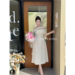 Thumbnail Váy Tiểu Thư Dáng Dài Trễ Vai Thắt Đai   LECOONG V691 Đầm Đẹp Sang Chảnh Màu Đen Be 1
