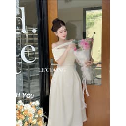 Thumbnail Váy Tiểu Thư Dáng Dài Trễ Vai Thắt Đai   LECOONG V691 Đầm Đẹp Sang Chảnh Màu Đen Be 4