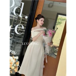 Thumbnail Váy Tiểu Thư Dáng Dài Trễ Vai Thắt Đai   LECOONG V691 Đầm Đẹp Sang Chảnh Màu Đen Be 3