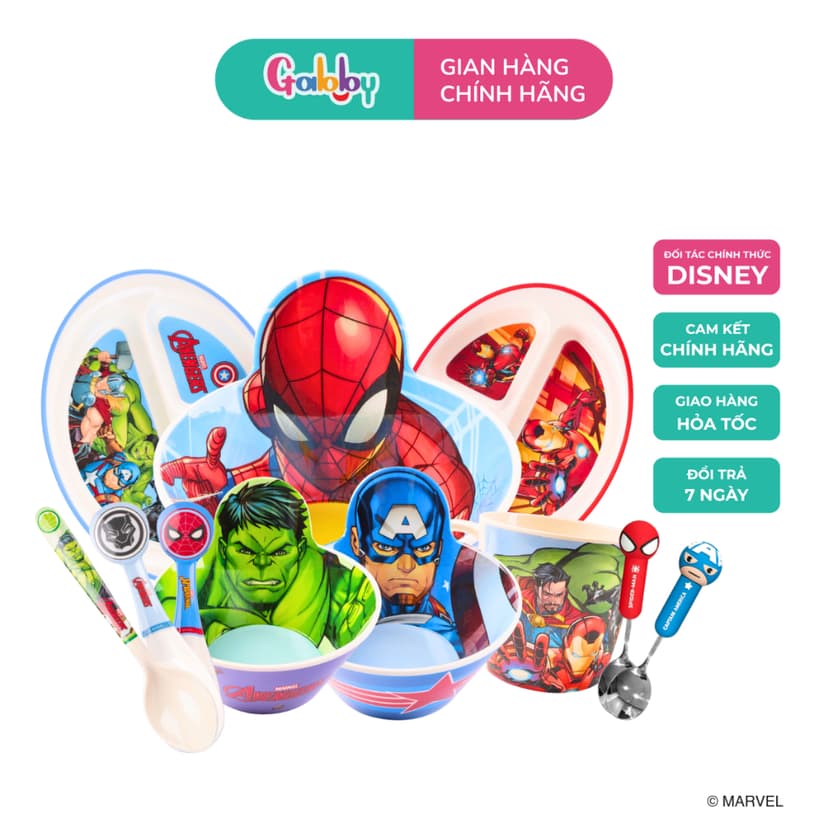 Ảnh Bộ Tô Đĩa Muỗng Đũa Khay ăn cơm Disney Cho Bé (Spiderman,Captain, Ironman, Thor, Hulk) 1