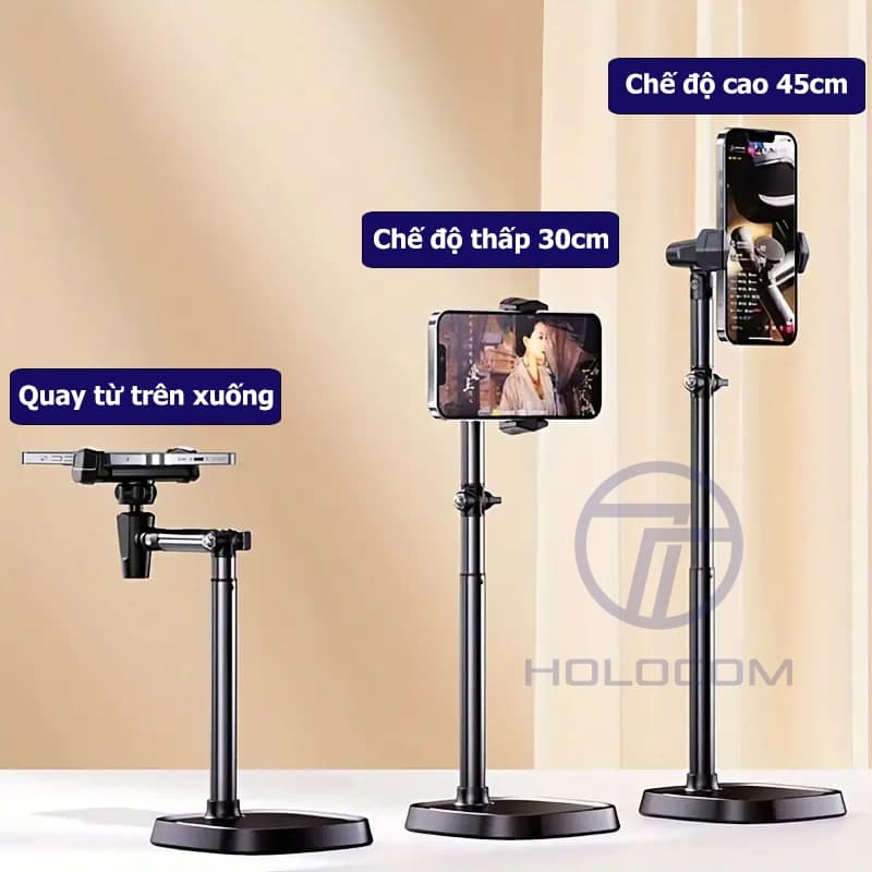 Ảnh Giá Đỡ Điện Thoại T10 Để Bàn, Chân Đỡ Livestream Bằng Kim Loại Quay 360 Độ Tùy Chỉnh Chiều Cao Góc Quay - HOLOCOM 2