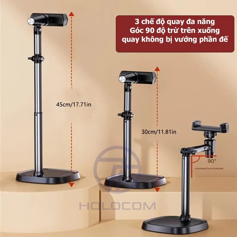 Ảnh Giá Đỡ Điện Thoại T10 Để Bàn, Chân Đỡ Livestream Bằng Kim Loại Quay 360 Độ Tùy Chỉnh Chiều Cao Góc Quay - HOLOCOM 3