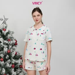 Thumbnail Bộ pijama short chất kate cổ lá sen, họa tiết cho Noel BSK050W33 2